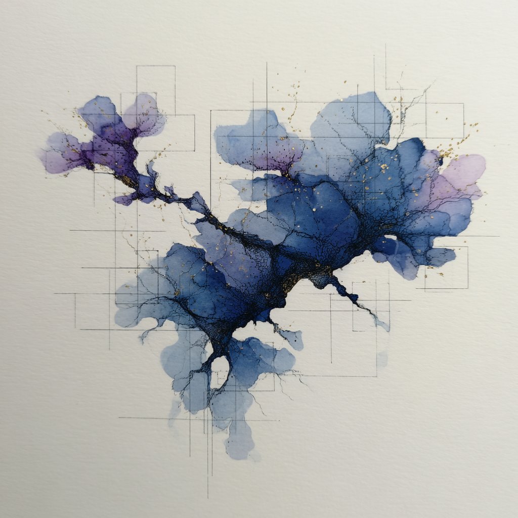 Watercolor roots spreading underground, geometry crystallizing where color is densest